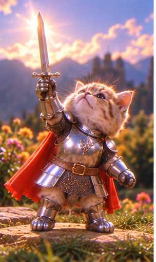 Catwifsword raises a sword beneath the golden sun